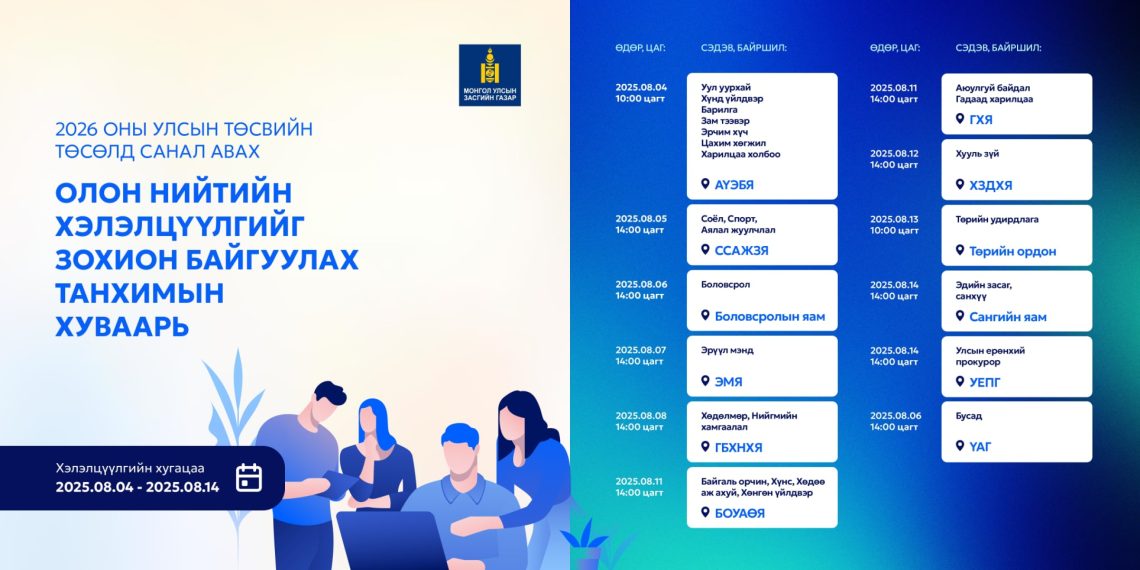 2026 оны төсвийн төсөлд олон нийтээс санал авах танхимын хэлэлцүүлгийн хуваарь гарлаа